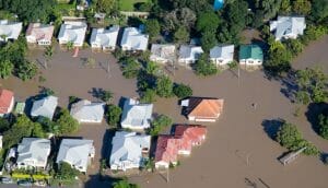Aerial view, flooded houses.