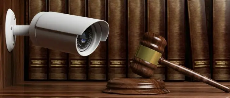 Crime, judge and security. Surveillance camera CCTV on blur lawyer office background