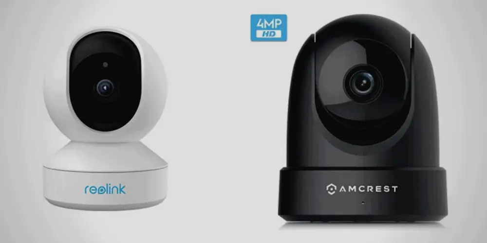 a Reolink E1 Pro 4MP HD Plug-in WiFi Camera in white color side by side with Amcrest 4MP UltraHD Indoor WiFi Camera in black color