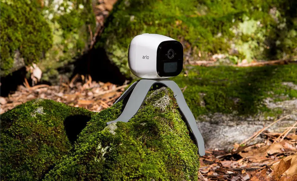 A mossy rock with a small battery-powered security camera.