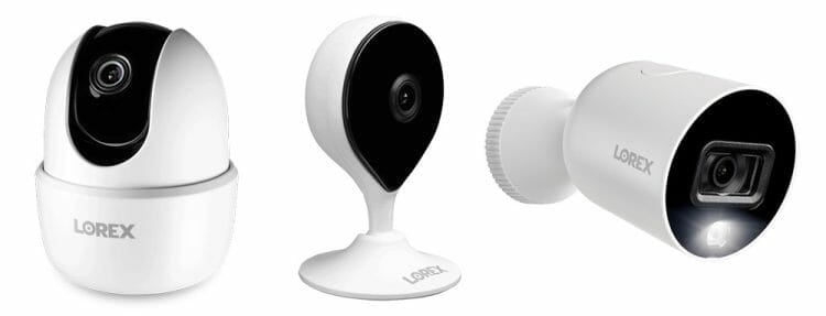 Three Lorex home security cameras on a white background.