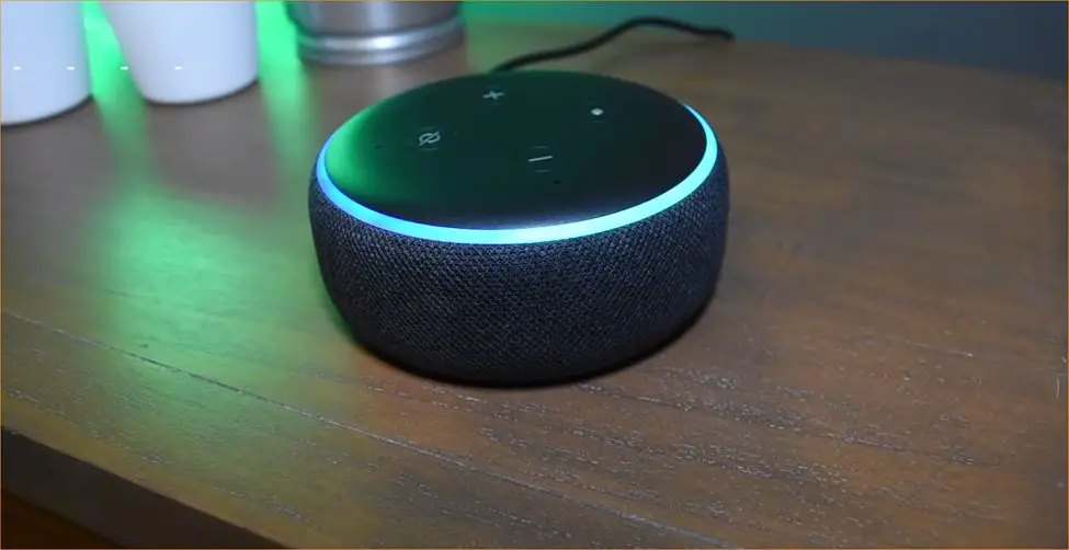 alexa device on a solidwood table