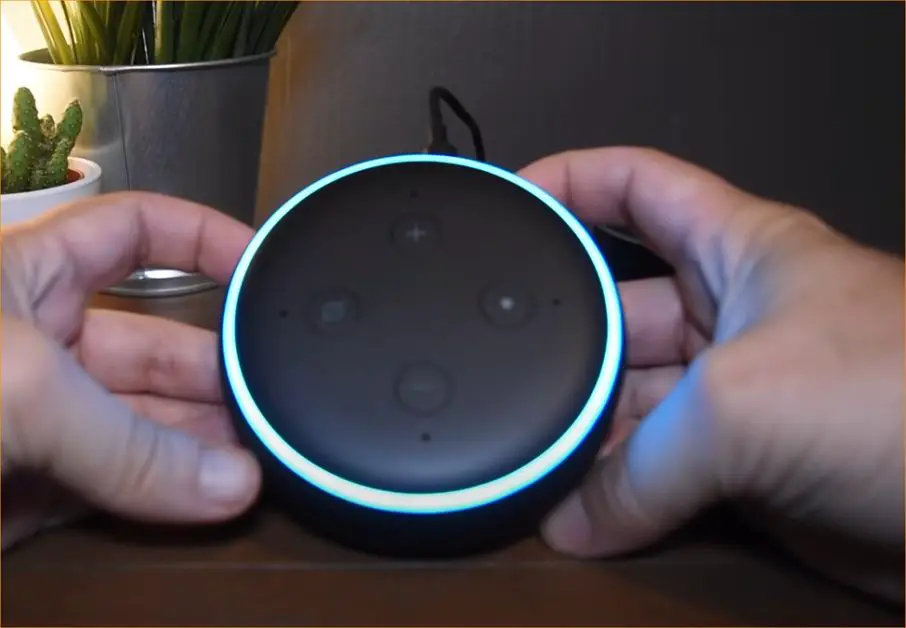 man's hands holding an alexa device