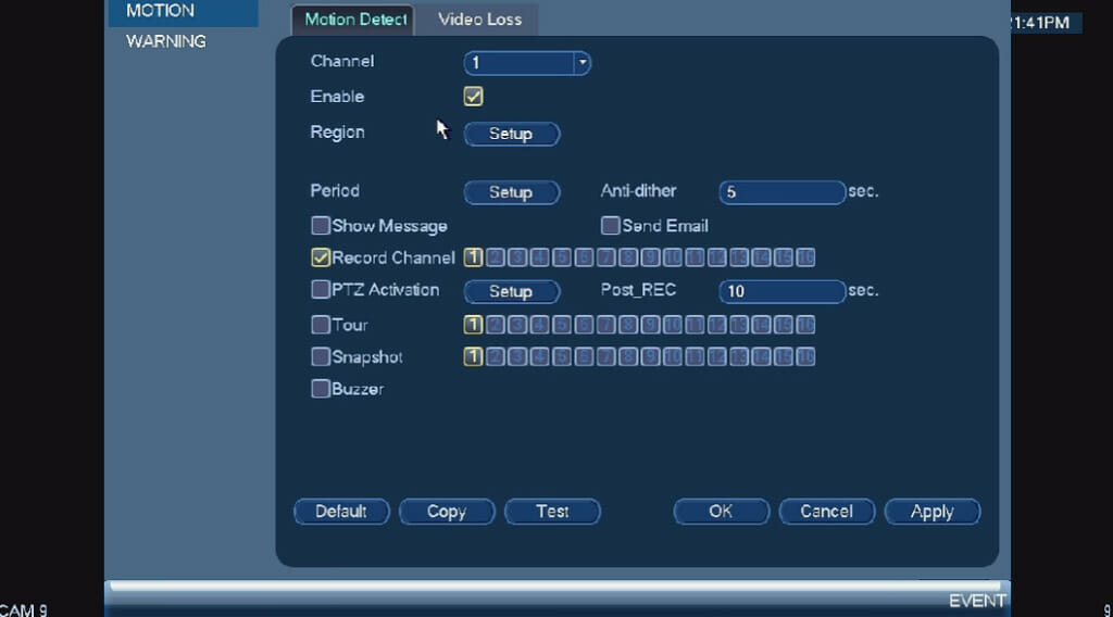 checking the LOREX motion detection settings