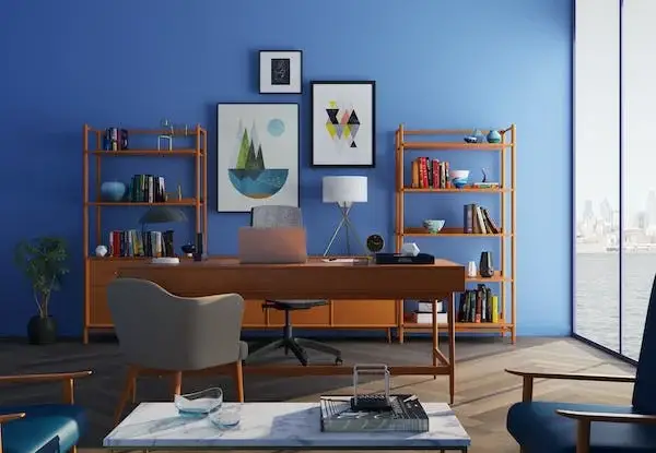 living room area with blue wall
