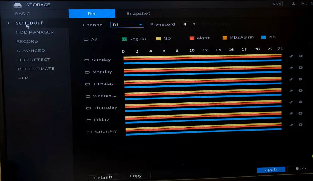 security camera setting for scheduled recording