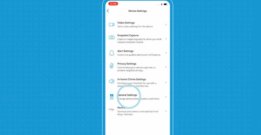 Tap General Settings on Ring's mobile app