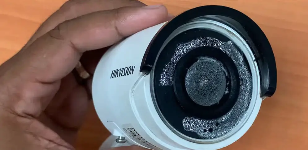 water droplets on the lens of the security camera