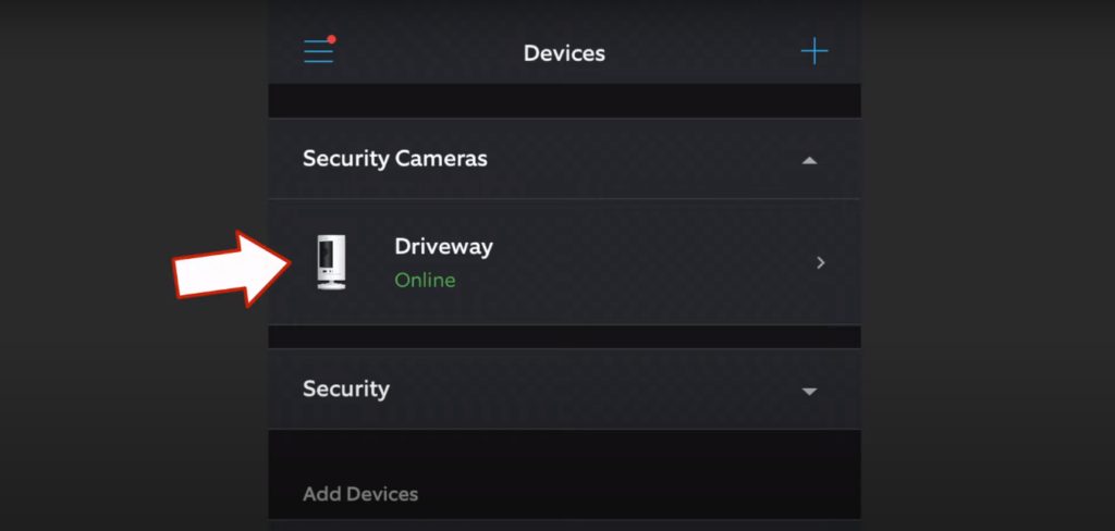 Driveway security camera found on Devices of a mobile's Ring app