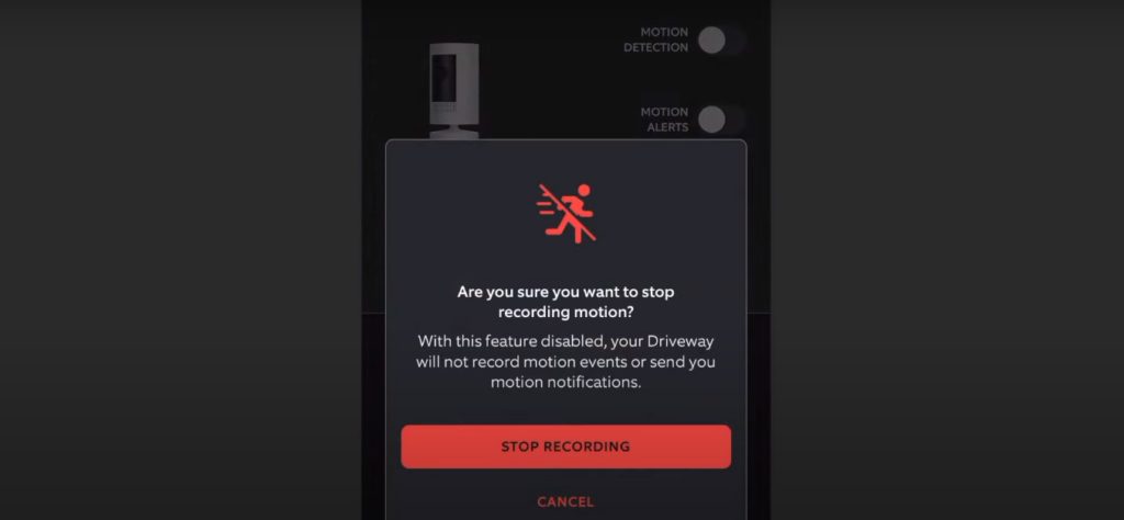 Stop Recording pop up message on mobile's Ring app