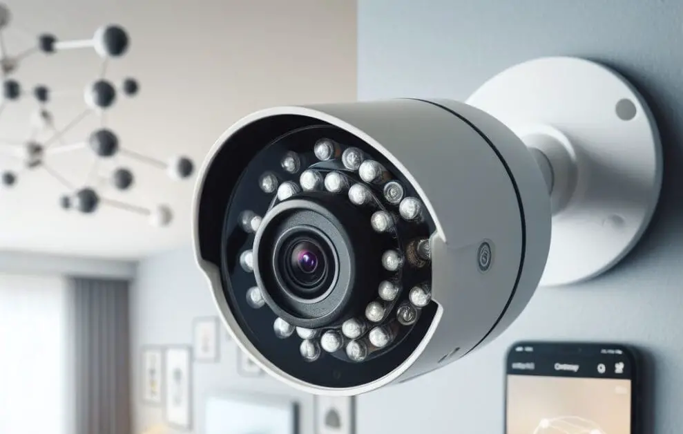 Zoom image of a wired security camera in a living room